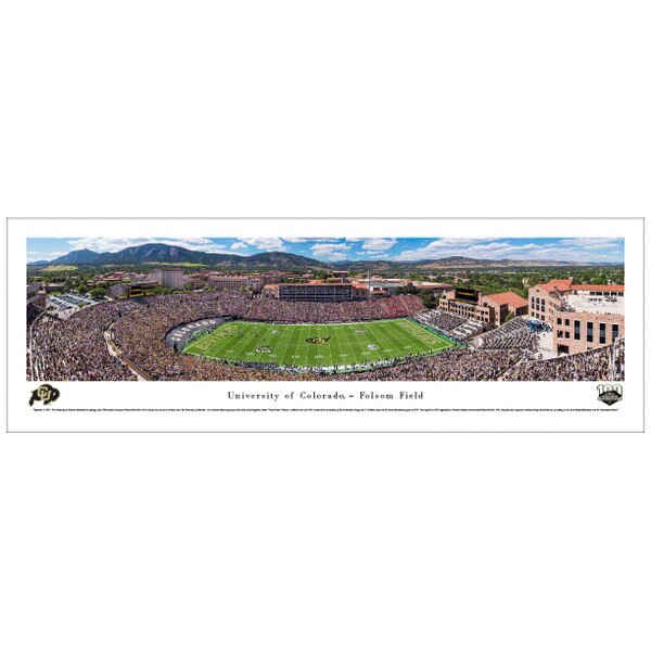 Panoramic print of Folsom Field, home of the Colorado Buffaloes, with the Rocky Mountains in the background.